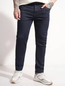 HIGHLANDER - Blue Cotton Blend Mid Waist Slim Fit Straight Leg Solid Jeans