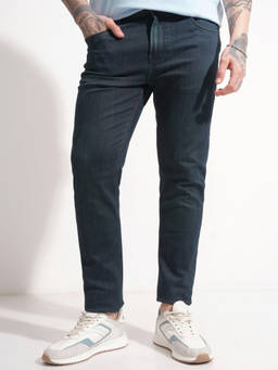 HIGHLANDER - Blue Cotton Blend Mid Waist Slim Fit Straight Leg Solid Jeans