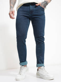 HIGHLANDER - Blue Cotton Blend Mid Waist Slim Fit Straight Leg Solid Jeans
