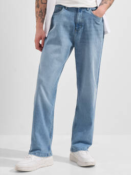 HIGHLANDER - Blue Cotton Blend Mid Waist Relaxed Fit Straight Leg Solid Jeans