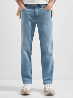 HIGHLANDER - Blue Cotton Blend Mid Waist Regular Fit Straight Leg Solid Jeans
