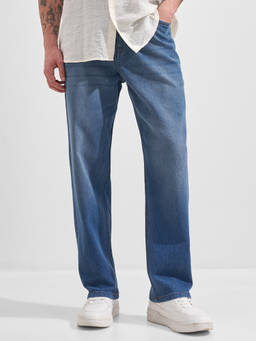 HIGHLANDER - Blue Cotton Blend Mid Waist Relaxed Fit Straight Leg Solid Jeans
