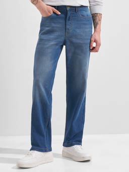 HIGHLANDER - Blue Cotton Blend Mid Waist Straight Fit Straight Leg Solid Jeans
