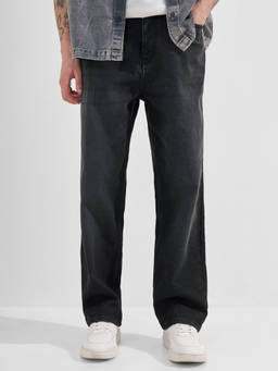 HIGHLANDER - Charcoal Cotton Blend Mid Waist Loose Fit Straight Leg Solid Jeans
