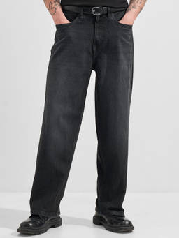 HIGHLANDER - Charcoal Cotton Blend Mid Waist Loose Fit Straight Leg Solid Jeans