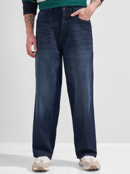 HIGHLANDER - Blue Cotton Blend Mid Waist Loose Fit Straight Leg Solid Jeans