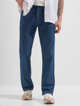 HIGHLANDER - Blue Cotton Blend Mid Waist Bootcut Fit Straight Leg Solid Jeans