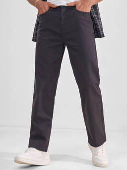 HIGHLANDER - Charcoal Cotton Blend Mid Waist Straight Fit Straight Leg Solid Jeans