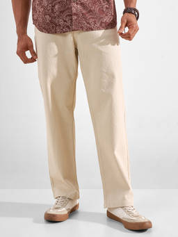 HIGHLANDER - Beige Cotton Blend Mid Waist Relaxed Fit Straight Leg Solid Jeans