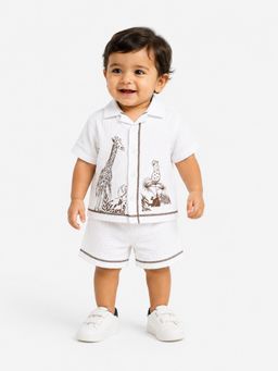Bloom Up - Baby Boys White Safari Print Cotton Shirt & Shorts Set