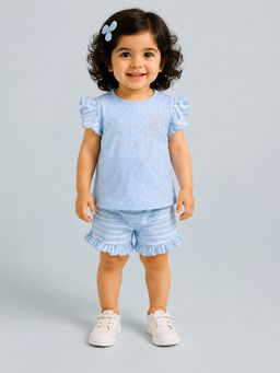 Bloom Up - Light Blue Frill Sleeve Top & Shorts Set Comfy Cotton Outfit For Girls