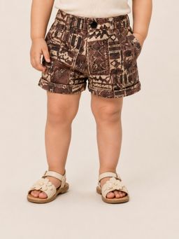 Bloom Up - Girls Brown Abstract Print Cotton Shorts For Kids