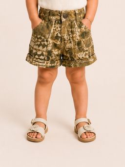 Bloom Up - Girls Abstract Print Olive Green Casual Shorts For Kids