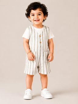 Bloom Up - White & Grey Striped Cotton Romper With T-Shirt