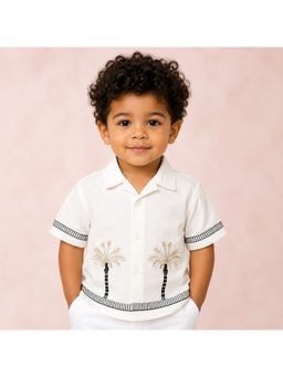 Bloom Up - White Boys Palm Tree Embroidered Cotton Shirt