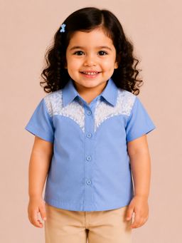 Bloom Up - Sky Blue Lace Panel Shirt For Girls