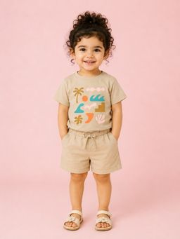 Bloom Up - Girls Beige T-Shirt & Shorts Set Soft Cotton Outfit