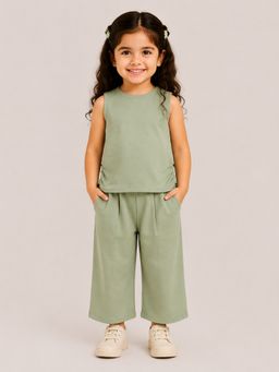 Bloom Up - Green Sleeveless Soft Cotton Top & Pant Set For Girls