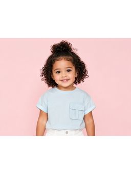 Bloom Up - Girls Sky Blue Pocket Detail Cotton T-Shirt
