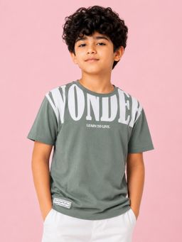 Bloom Up - Boys Sage Green Printed Half Sleeve Casual T-Shirt