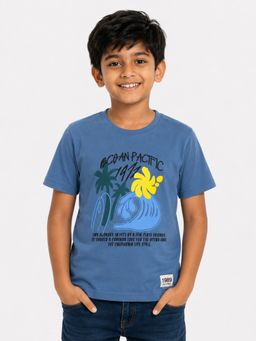 Bloom Up - Boys Ocean Blue Printed Half Sleeve Casual T-Shirt