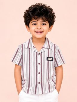 Bloom Up - Boys White And Chocolate Brown Striped Casual Shirt