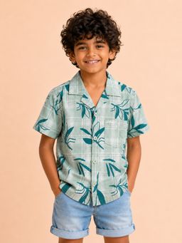 Bloom Up - Boys Pista Green Tropical Printed Shirt