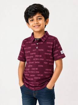 Bloom Up - Boys Wine Typography Print Polo T-Shirt