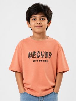 Bloom Up - Boys Peach “Ground Life Begins” Printed Cotton T-Shirt