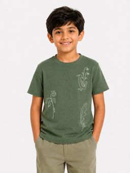 Bloom Up - Boys Olive Green Embroidered Cotton T-Shirt Textured
