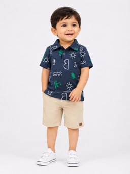 Bloom Up - Boys Navy Blue Tropical Printed Polo T-Shirt