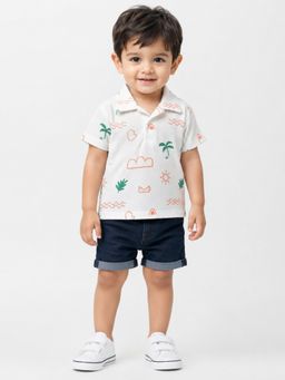Bloom Up - Boys White Tropical Printed Polo T-Shirt