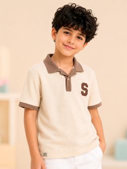 Bloom Up - Boys Beige Textured Polo T-Shirt “S” Patch