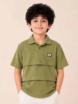 Bloom Up - Boys Olive Layered Panel Textured Polo T-Shirt