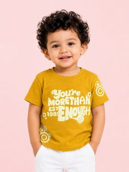 Bloom Up - Boys Mustard Typography Cotton T-Shirt