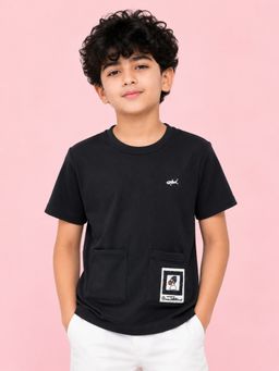Bloom Up - Boys Black Textured Cotton T-Shirt For Kids