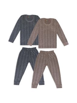 Trampoline - Kids Fleece Knit Striped Thermal Tops and Pants - Grey, Brown (Pack of 2)