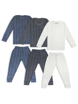 Trampoline - Kids Fleece Knit Striped Thermal Tops and Pants - Grey Blue, White (Pack of 3)