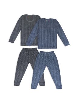 Trampoline - Kids Fleece Knit Striped Thermal Tops and Pants - Grey, Blue (Pack of 2)