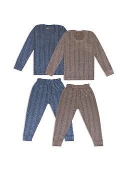 Trampoline - Kids Fleece Knit Striped Thermal Tops and Pants - Blue, Brown (Pack of 2)