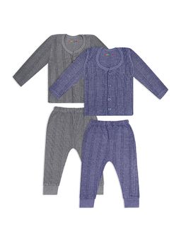 Trampoline - kids Fleece Front Open Striped Thermal Shirts and Pants - Grey, Blue (Pack of 2)