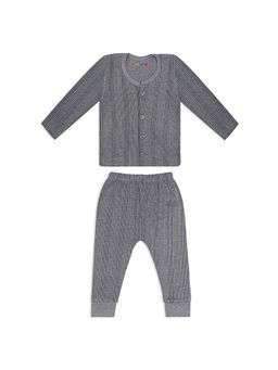 Trampoline - Kids Fleece Knit Front Open Striped Thermal Shirt and Pant - Grey