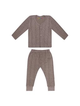 Trampoline - Kids Fleece Knit Front Open Striped Thermal Shirt and Pant - Brown