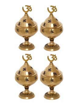 eCraftIndia - Golden Om and Swastik Symbol Decorative Akhand Brass Diyas (Set of 4)