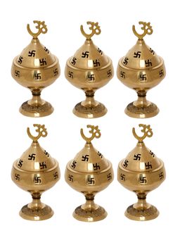 eCraftIndia - Golden Om and Swastik Symbol Decorative Akhand Brass Diyas (Set of 6)