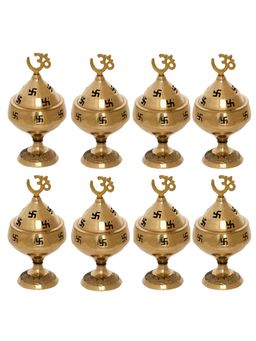 eCraftIndia - Golden Om and Swastik Symbol Decorative Akhand Brass Diyas (Set of 8)