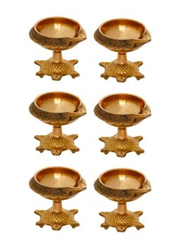 eCraftIndia - Golden Handcrafted Decorative Brass Diyas with Tortoise Base, Set of 6