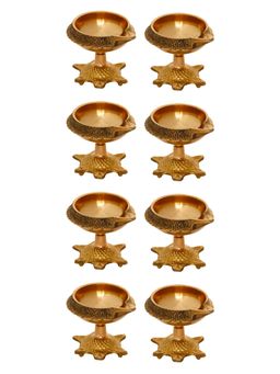eCraftIndia - Set Of 8 Golden Handcrafted Decorative Brass Diyas with Tortoise Base