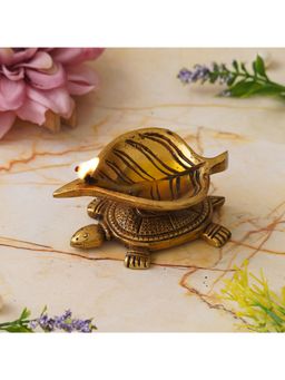 eCraftIndia - Golden Handcrafted Tortoise Statue Leaf Design Decorative Brass Diya