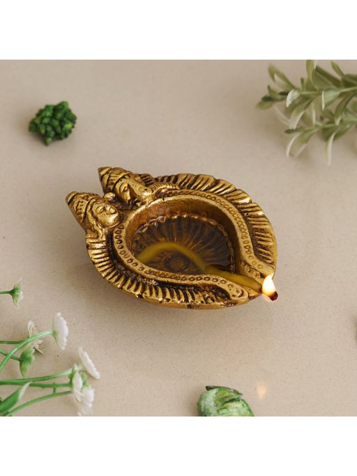 eCraftIndia Golden Handcrafted Goddess Lakshmi and Lord Ganesha Brass Diya